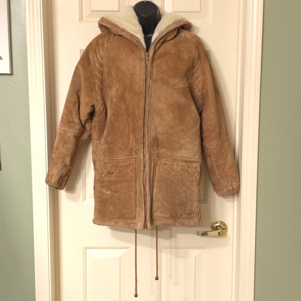Vtg Synergy Leather Faux Shearling Hooded Coat Sueded Modacrylic Lined, Sz S